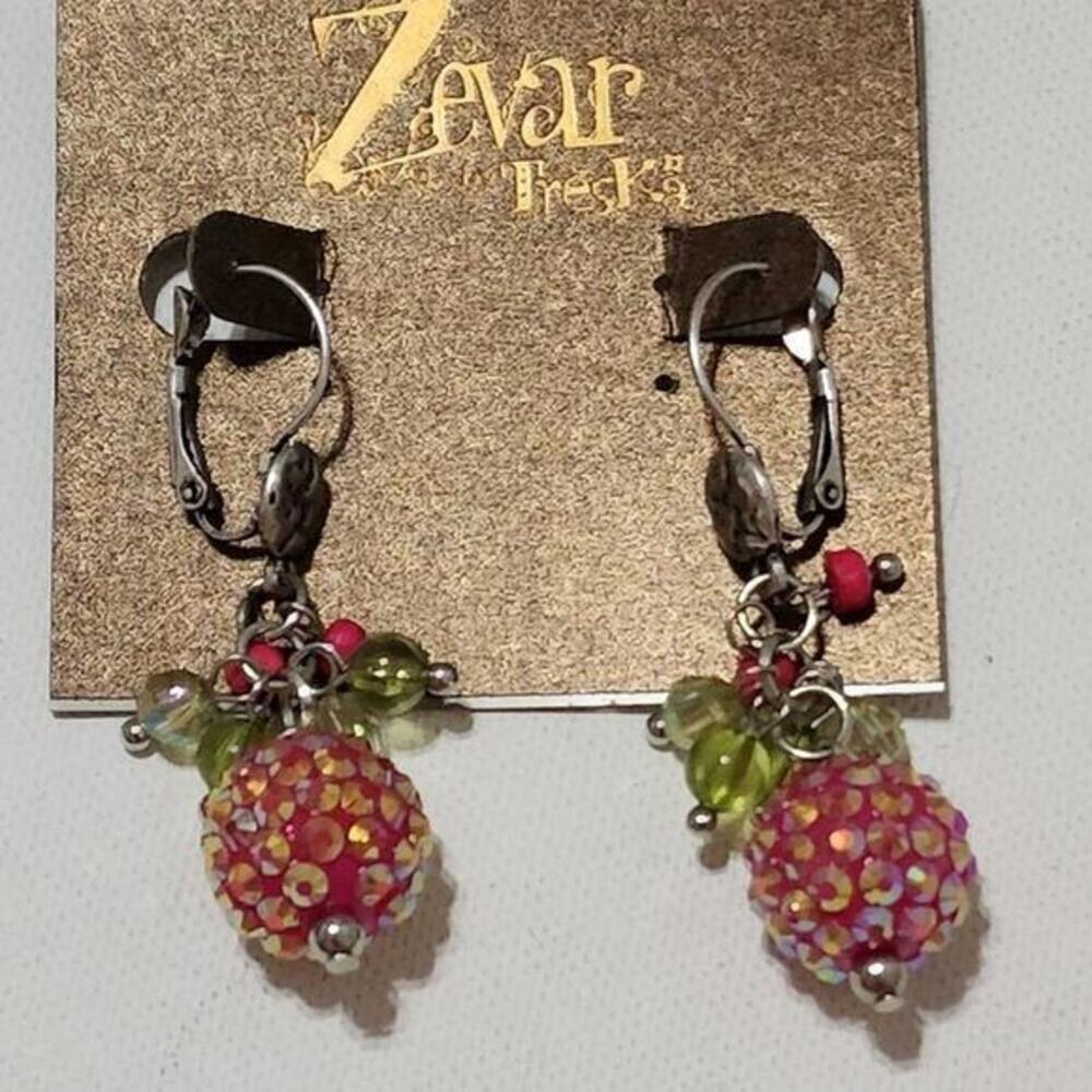 Zevar by Treska Pink Green Sequin Orb Beaded Drop Earrings Silver Tone Leverback